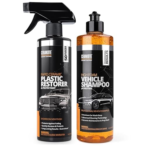 Cerakote Plastic Care Bundle - Rapid Ceramic Plastic Restorer and Protectant (14 oz.) with High Foam Vehicle Shampoo (16 oz.) - Restores Faded Trim - Protects New Trim - Prep and Coat Vehicle Plastic