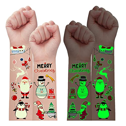 Leesgel Christmas Tattoos for Kids 24 Sheets Glow Christmas Stickers for Kids Christmas Decorations Xmas Ornaments Eve Box Stocking Fillers Toys Crafts for Party Games Supplies Favours