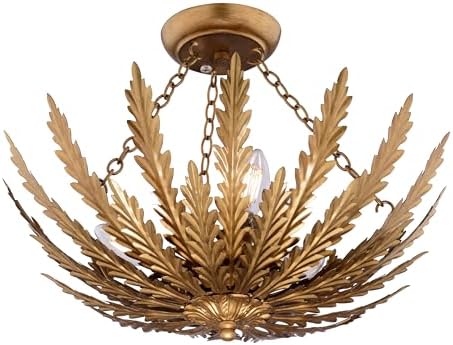 VAXCEL Ozette 18-Inch Heritage Semi Flush Mount Ceiling Light Fixture with Leaf Motif, Gold Finish, Dimmable Ceiling Mounted Lighting
