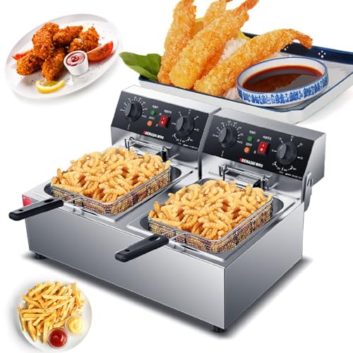 MJMLUCK Hornilla eléctrica Comercial de Doble Tanque con cestas de Acero Inoxidable, Temporizador y Temperatura Ajustable, Ideal para cocinar a Gran Volumen (110 V)