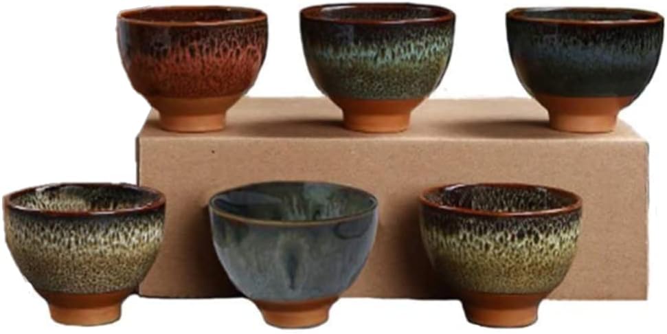 Better-Love 6PCS Handmade Jian Ware Ceramic Cups - 2.9oz Sake Tea Espresso Bowls, 6 Colors Authentic Chinese Pottery Gift Set