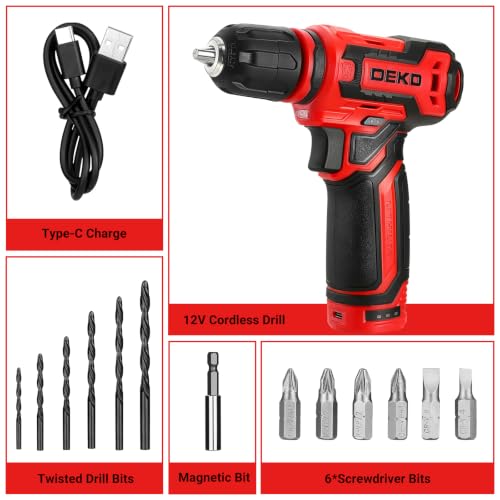 Cordless Drill：DEKOPRO 12V Power Drill Set 800RPM Electric Drills Small Drills with 3/8-inch Keyless Chuck and Portable Tool Set Gift Box (Red) by DEKOPRO - Image 3