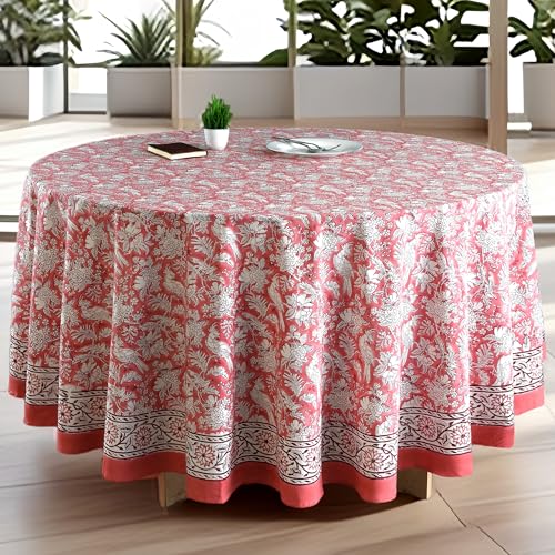 CPC Pink Coral Block Print Cotton Tablecloth Round 120 Inch Home Decor