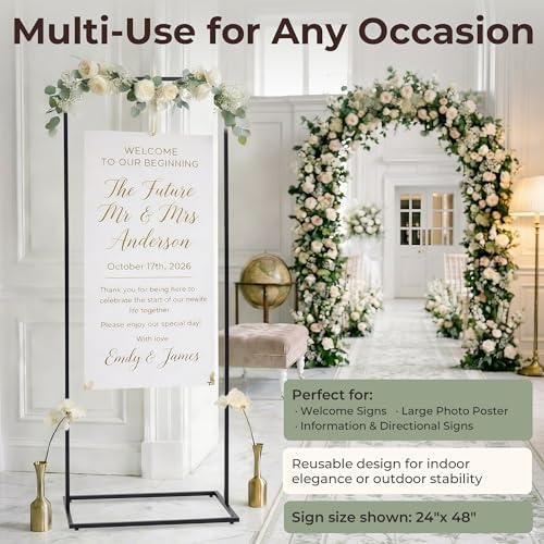 WEDORA Wedding Welcome Sign Stand, 79" (200 cm) Extra-Tall Height - Black Metal Sign Holder with 6 Leather Straps, Easel Stand for Seating Charts & Event Décor by WEDORA - Used condition - Image 5