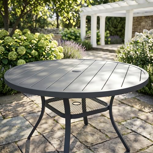 Image of VICLLAX Metal Outdoor Dining Table for 4, All Weather 40.7 inch Black Round Patio Table with Adjustable Umbrella Hole for Lawn, Garden, Balcony and Poolsides, GreyTabletop