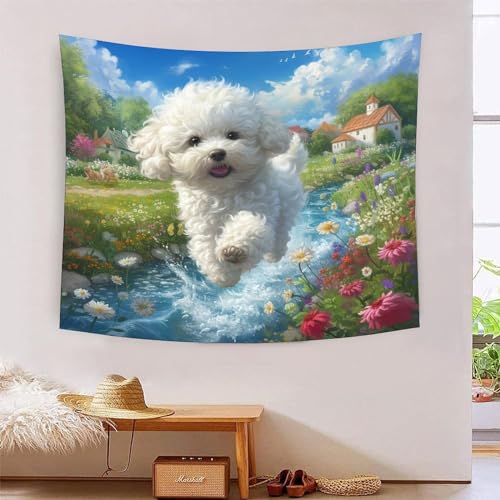 Chien maltais 3D tapisserie murale grand tissu pour masquer un mur nu de salon ou dortoir