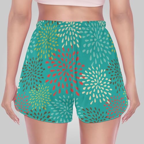 GuoChe Short feminino colorido flores abstratas verde short de corrida feminino cintura alta com bol