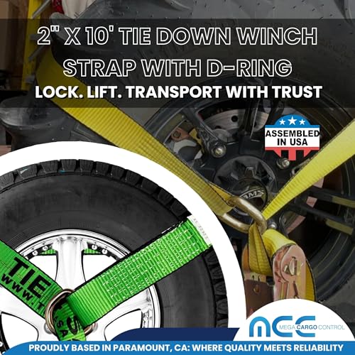Image of Mega Cargo Control 2 inch x 10' D-Ring Lasso Strap & Recovery Auto Tie Down for Wheel Lift, Trailer, Tow Truck (8 - Pack)