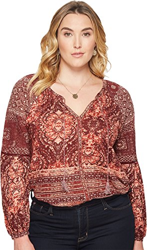 Lucky Brand Women's Mixed Print Plus-Size Top, Burgundy/Multi, 2X