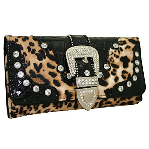 Western Rhinestone Bling Buckle Accent Wallet - Brown Leopard