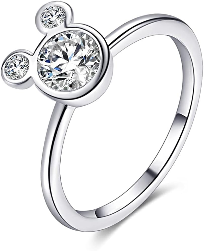 ERLUERWomen's Mickey Shape Rings Sterling Silver Plated Cubic Zirconia Mouse Ring for Women Girl Party Jewelry