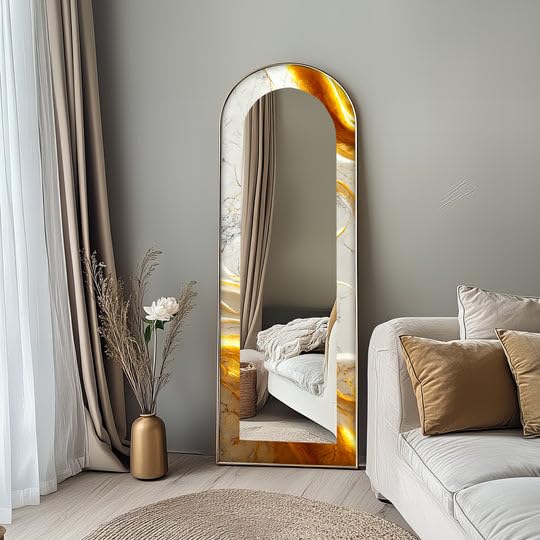Specchio da pavimento astratto a lunghezza intera, 50 x 160 cm (larghezza x altezza), effetto marmo bianco, specchio da pavimento con cornice nera e cornice nera