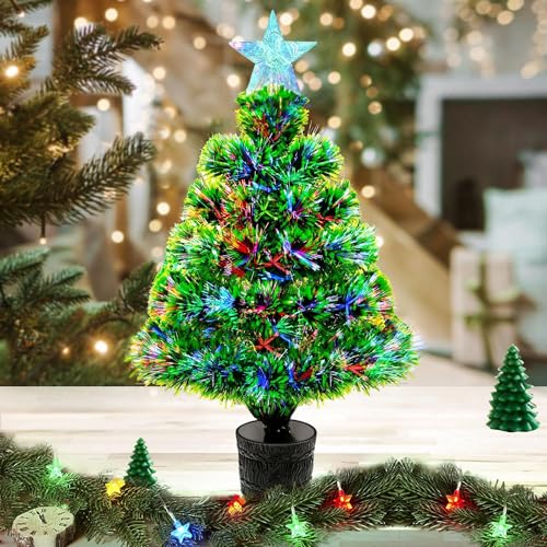 CORST Mini árbol de Navidad artificial de fibra óptica preiluminado de 55 cm, árbol de Navidad de escritorio pequeño con decoración de árbol, iluminación RGB para mesa, decoración de vacaciones