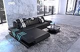 Ledersofa Venedig L Form Sofa Ecksofa in Leder - mit LED Beleuchtung, verstellbare Kopfstützen, Recamiere/Lederfarben wählbar/Ausrichtung wählbar (Ottomane Links, Schwarz-Weiß)