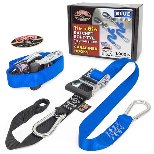 Image of PowerTye 1.5in x 6.5ft Heavy Duty Ratchet Tie-Down Straps with Soft-Tye and Carabiner Hooks - 1,000 lb Working Load Limit / 3,000 lb Breaking Strength - Made in USA - Blue /Black Pair