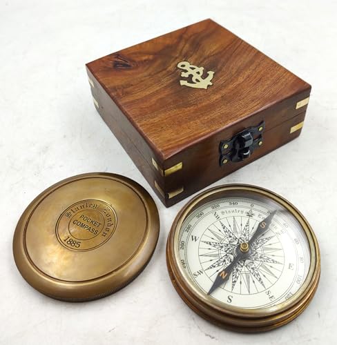 Brújula de latón con poesía Robert Frost y caja de madera miniatura 4