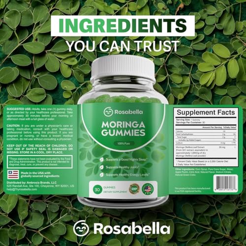 Image of Rosabella Moringa Gummies - Moringa Leaf Extract 1000mg Equivalent Per Serving - Natural Energy & Balance - Non-GMO, Gluten-Free Superfood Gummies for Women & Men - 60 Count (60 Count (Pack of 2))