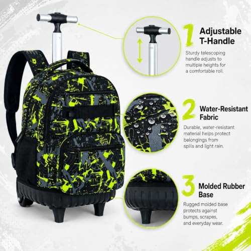 Image of 3Pcs Rolling Backpack for Boys, Men Roller Bag with Wheels for Adults, 19 Inche Graffiti Wheeled Bookbag with Lunch Box(Green)
