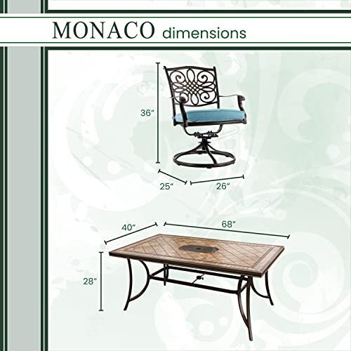 Hanover Monaco 7-Piece Patio Dining Set in Blue with 4 Dining Chairs, 2 Swivel Rockers, and a 40\" x 68\" Tile-Top Table, All-Weather Outdoor Dining Set for 6 for Backyard, Deck, Patio - Thumbnail 3