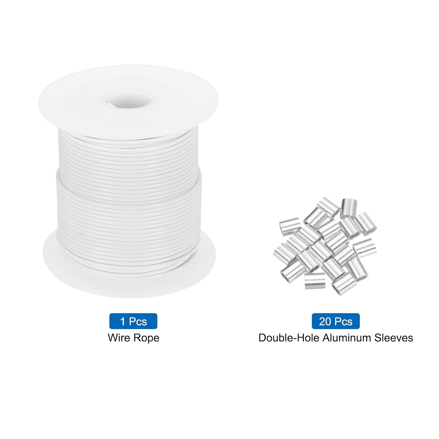 MECCANIXITY 197Ft(60M) Wire Rope 304 Stainless Steel Cable 5/64"(2mm) Vinyl Coated with 20Pcs Aluminum Sleeves for Hanging, Clotheslines, Lifting White