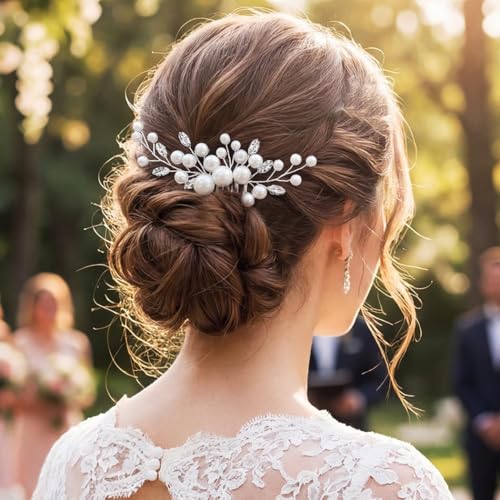 Unicra Bride Pearl Wedding Hair Comb Silver Bridal Side Comb Crystal Hair Accessorie for Women and Girls (Silver)