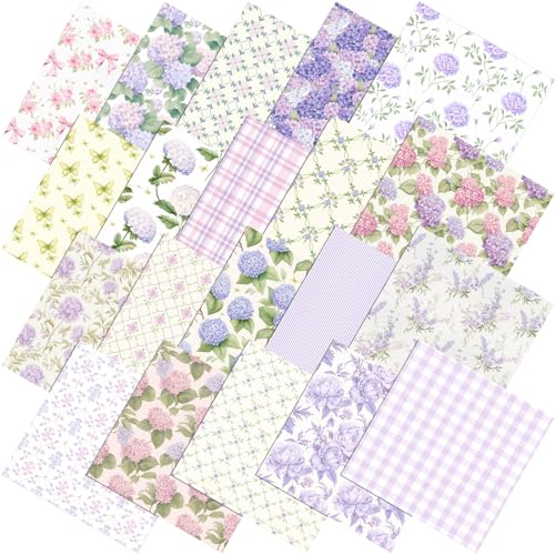 Tudomro 60 Pcs Purple Floral Quilting Fabric Squares 10 x 10 Inch Vintage Hydrangea Rose Gingham Fabric Bundles Lavender Pink Flower Fat Quarters Printed Precut Patchwork Material for Sewing Craft