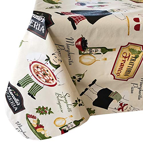 Newbridge Italian Bistro Chef Vinyl Flannel Backed Tablecloth – Novelty Chef Indoor/Outdoor Picnic, Bbq And Dining Tablecloth - 60” X 102” Oblong/Rectangle #TOP3