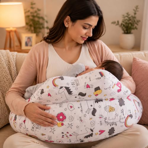 Image of Proliva Feeding Pillow for New Born Baby with Detachable Cover Breast Feeding & Maternity Nursing Pillow for Breastfeeding Support for Baby Feeding Pillow for Mom (White-Unicorn-C2)