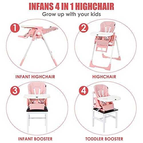 Infans 4 In 1 High Chair–Booster Seat, Convertible Highchair W/Adjustable Height And Recline,Removable Tray,Detachablecushion, Installation-Free,Simple Fold For Baby, Infant& Toddler (Pink) #TOP1