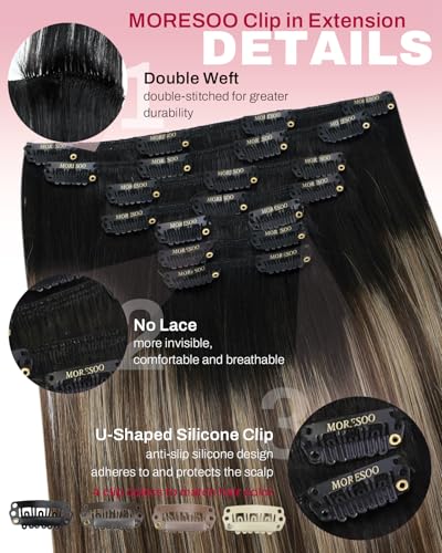 Image of Moresoo Clip in Hair Extensions Remy Double Weft Human Hair Clip in Extensions Straight Balayage Hair Extensions for Women Ombre Black Mixed with Silver Grey 7pcs 150g 22inch