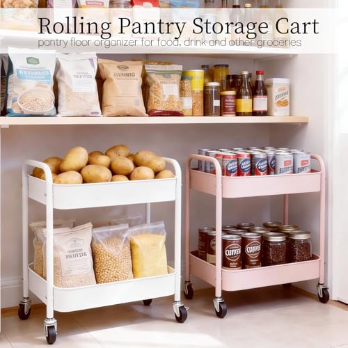 Image of Pink 2 Tier Rolling Cart Metal with Wheels Under Desk Storage Cart for Small Space Organization, Small Trolley for Pantry Room Laundry Bathroom Kitchen Office Art Snack Baby Supplies