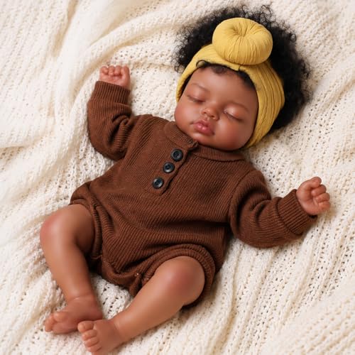 BABESIDE Black Reborn Baby Dolls, 17 Inch Realistic Black Newborn Lifelike Real Life Baby Dolls Soft Vinyl & Cloth Body with Feeding Kit Gift Box for Kids Ages 3+
