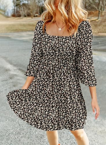 Image of Dokotoo Fall Dresses for Women 2025 Boho Floral Square Neck Smocked 3 /4 Sleeve Casual A-Line Swing Mini Dress Sundress