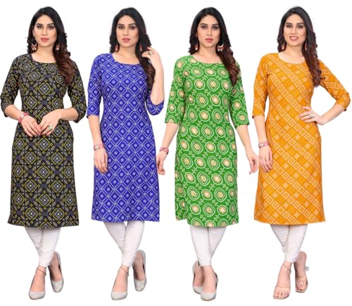 Image of JAKHANA Women's Crepe Printed Casual Straight Calf Length Round Nick Kurta Pack of 4