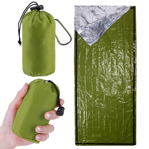 Emergency Sleeping Bag 2 Pack Portable Emergency Blanket for Survival Gear, Thermal Bivy Sack with D-Type Buckle, Waterproof & Lightweight for Camping, Hiking, Outdoor (Green)