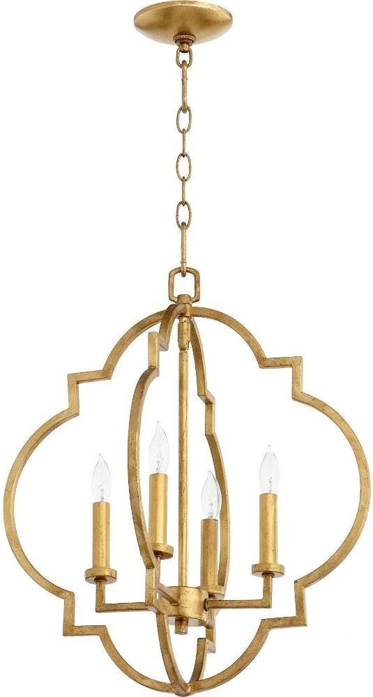 Quorum 6842-4-74 Transitional Four Light Entry Pendant from Dublin Collection in Gold, Champ, Gld Leaf Finish,
