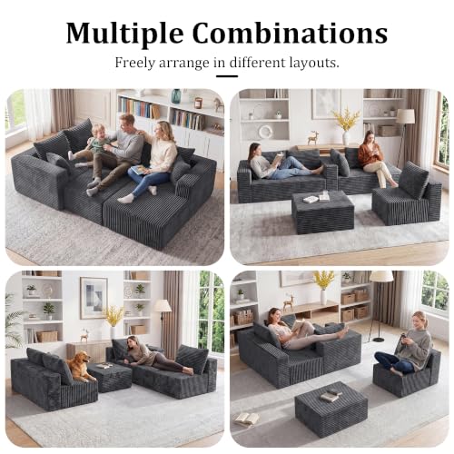 92.5" Modular Sectional Sofa,L-Shaped Cloud Couch with Deep Seats & Chaise, Convertible 4-in-1 Corduroy Boneless Couches for Living Room, Bedroom, No Need Assembly - Grey(Right Facing Chaise) - image 6