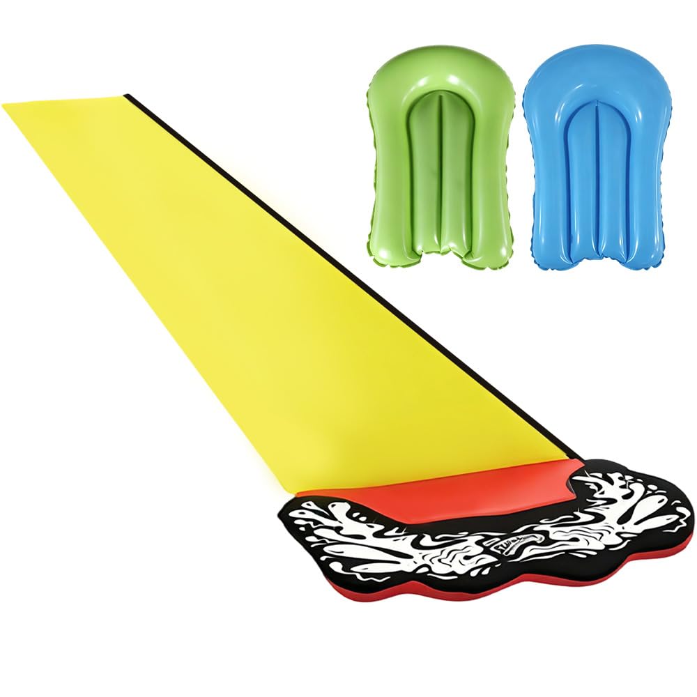 Toboggan Aquatique, 480 x 71 cm Toboggan pour Pelouse avec 2 Planches Gonflables, Toboggan de Pelouse d'été avec Arroseur Intégré pour Pelouse et Jeux d'eau en Extérieur