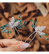 Flayem Braut Haarnadel Hochzeit Grün Kristallperlen,Blatt-Kopfschmuck Braut-Haarspangen Zubehör S...