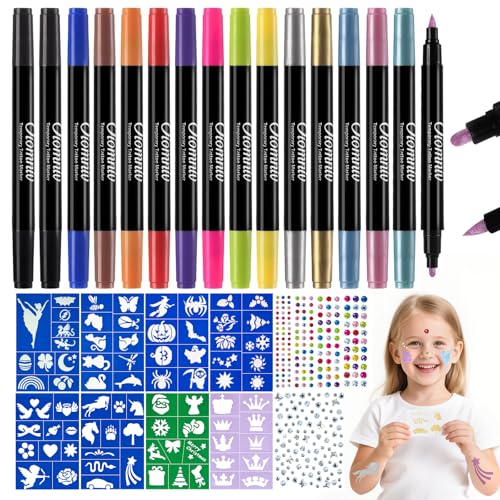 Oiomniv Temporary Tattoo Markers for Skin 15PCS Dual-End Tattoo Pens Body Markers for Kids Adults 78 Tattoo Stencils 2 Face Gems Stickers Glitter Matte Tattoo Pens Flexible Brush Tip Skin Safe