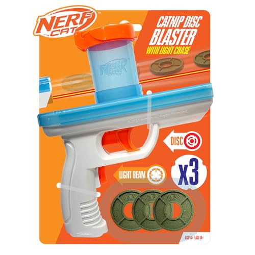 Nerf Cat Lot de 3 Blasters d'herbe à Chat avec 3 disques d'herbe à Chat, Blanc/Bleu translucide/Orange