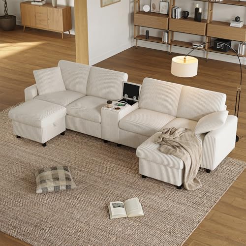 Canapé en angle 315 cm, 4 places avec pieds de repos, grand canapé en U confortable, doté de 2 supports pour boissons, 1 port USB, 2 prises électriques et...