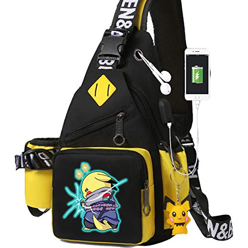 Fashion One-Shoulder Backpack Youth Leisure Backpack With USB Port Earphone Hole, Cartoon Luminous Pattern Pikachu Backpack (Yellow 7)