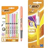 BIC Highlighter Grip Surligneurs (Pointe Biseautée/Parfait pour l'Ecole & 4 Couleurs Sun Stylo-Bille Rétractable Pointe Moyenne (1,0 mm) - Encres Fantaisies Turquoise, Violet, Rose, Jaune