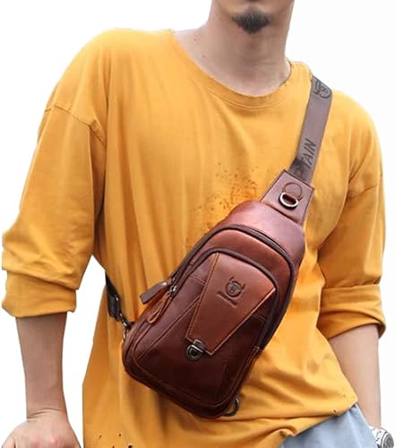 Miniatura 4 de Hebetag Mochila cruzada de cuero para hombres y mujeres, para viajes al aire libre, trabajo, bolsa para el pecho, camping, casual, mochila café, 7.1