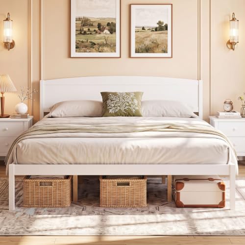 Image of GIANTEX King Size Wooden Bed Frame with Curved Headboard, Wood Slat Support | Farmhouse Platform Bed w /Heavy Duty Mattress Foundation, Under-Bed Storage Space, No Box Spring Needed, Easy Assembly