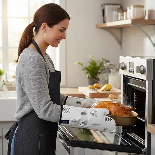 Image of Encasa XO Extra Long 18x35 cm Microwave Oven Gloves Mitts (2 pcs) for Kitchen Cooking - Black Arrow - Heat Resistant, Thick & Safe, Protection of Hands from Hot Utensils, Gas Flame, Grill, Barbecue
