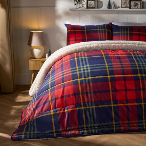 OHS Coverless Duvet Double 10.5 Tog, Christmas Winter Coverless Duvet Ultra Soft Warm Comfy Tartan Check Sherpa Reversible Washable Quilt Double Duvets with Pillowcases, Red/Navy