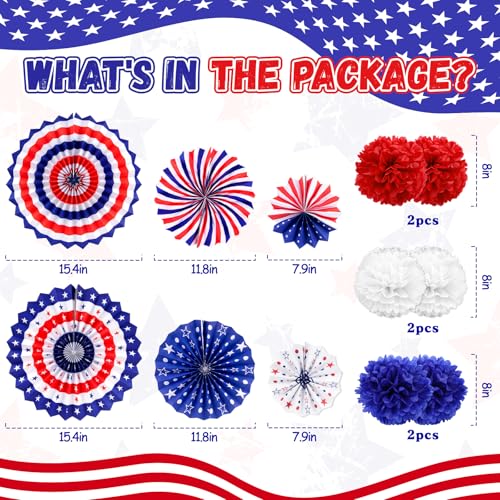 Image of 34PCS 4th /Fourth of July USA 250th Anniversary Decorations Set, Red White Blue Patriotic Decorations, Love USA Banner American Flag Pom Poms Decor for Memorial Day Independence Day