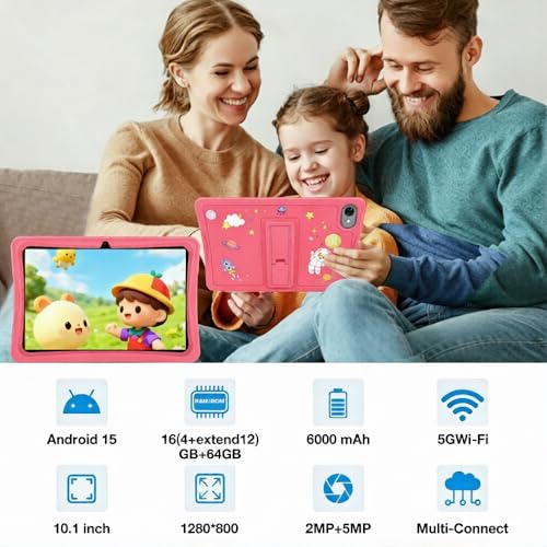 Image of redbeat Kids Tablet, 10.1 inch Android 15 Learning Tablet with Pen & Case for Kids, 16 GB+64GB (1TB TF), Parental Control, Eye Protection Screen, RK3562 Octa-Core Processor, WiFi, 6000mAh, Pink